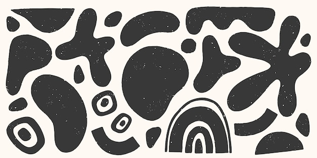 Conjunto de vectores en blanco y negro dibujados a mano con varias formas orgánicas, dibujos y texturas. Diseño contemporáneo de moda perfecto para impresiones, volantes, pancartas, telas, diseños de marcas, portadas y más.