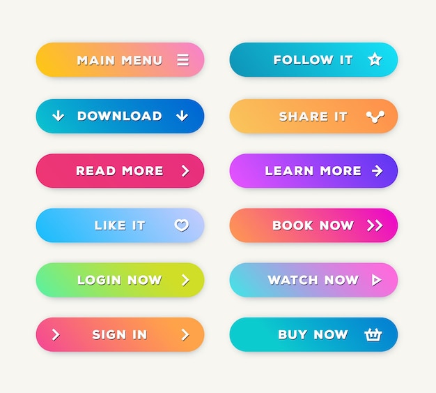 Vector conjunto de vectores de botones estilo de gradiente de moda con sombra aislada en el fondo para sitio web ui aplicación móvil llamada a la acción vector de botones moderno 10 eps