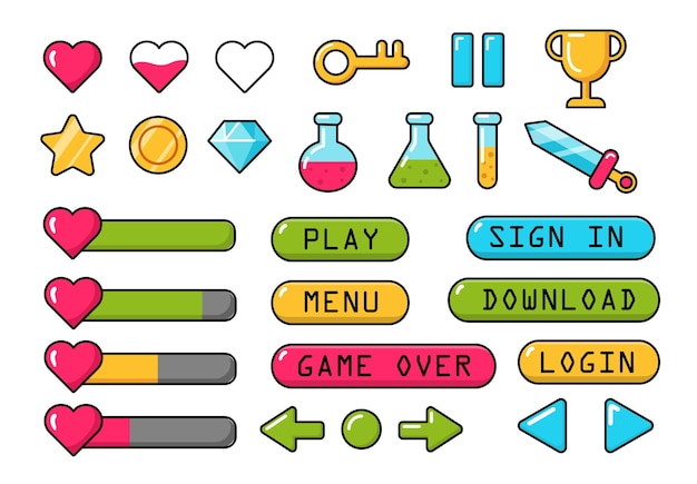 Conjunto de vectores de botones de juegos móviles Corazones y espada Indicadores de salud y daño de experiencia Diseño de UI y UX para el programa Configuración de menú Colección plana de dibujos animados aislados en fondo blanco