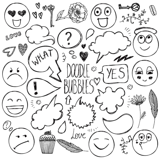 Conjunto de vectores de burbujas de doodle dibujadas a mano, caras, estados de ánimo, flores, llaves y otros elementos de diseño. Puede usarse como pegatinas.
