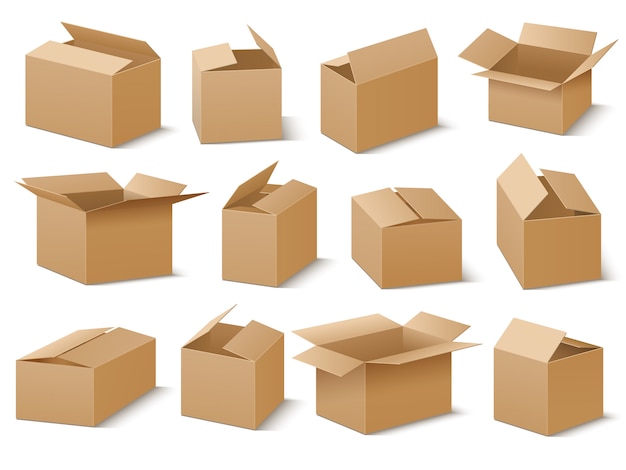 Conjunto de vectores de cajas de cartón abiertas y cerradas