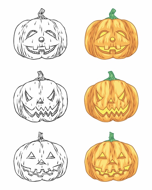 Conjunto de vectores de calabazas de Halloween Línea y color