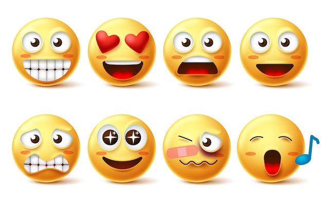 Conjunto de vectores de cara emoji. Iconos de emoticonos y emoticonos con divertidos, felices, enamorados, cantando y heridos