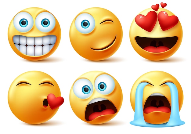 Conjunto de vectores de cara de emojis y emoticonos Emoticon de lindas caras amarillas en besos enamorados y llorando