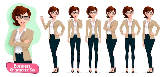 Conjunto de vectores de caracteres de empresaria Personajes de jefe femenino de mujer de negocios en pose y gestos