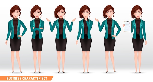 Conjunto de vectores de caracteres de hombre de negocios Carácter de mujer de negocios en expresión amistosa con pie