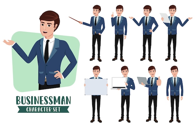 Vector conjunto de vectores de caracteres de hombre de negocios pose de presentación de ventas de personajes de hombre de negocios de profesional