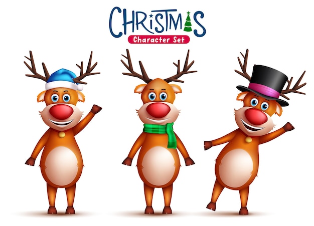 Vector conjunto de vectores de caracteres navideños de renos. personajes de reno de santa 3d en lindo y alegre.