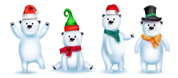 Conjunto de vectores de caracteres de oso polar. oso de navidad 3d lindo personaje en gesto divertido y juguetón.