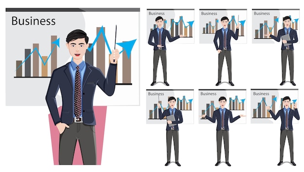 Conjunto de vectores de caracteres de presentación de hombre de negocios