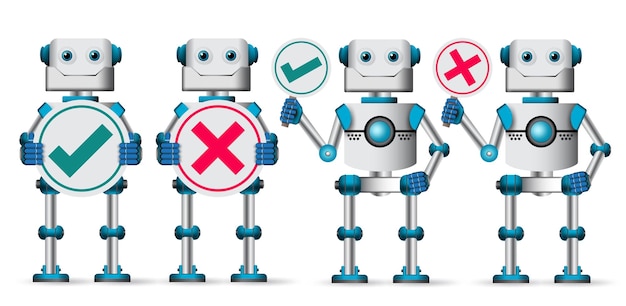 Conjunto de vectores de caracteres de robot Ciborg robótico blanco sosteniendo pancartas con cheque y signo incorrecto