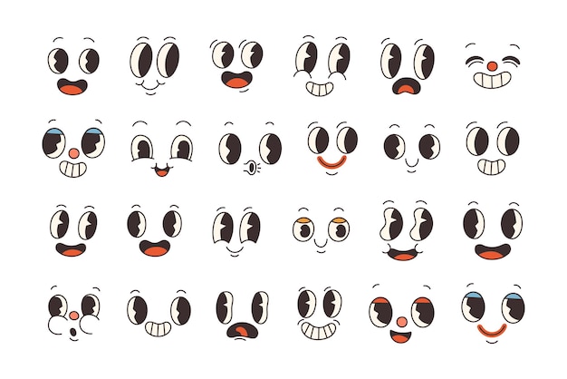 Vector conjunto de vectores de caras cómicas geniales de los años 70 colección de caras de personajes de dibujos animados en diferentes emociones