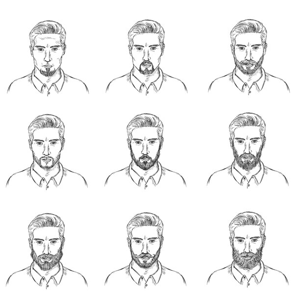 Conjunto de vectores de caras de hombres de boceto con barbas