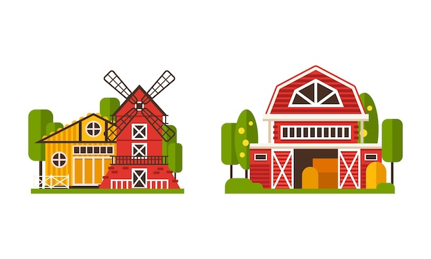 Conjunto de vectores de casas de campo y de aldea y edificios apoyados en césped verde