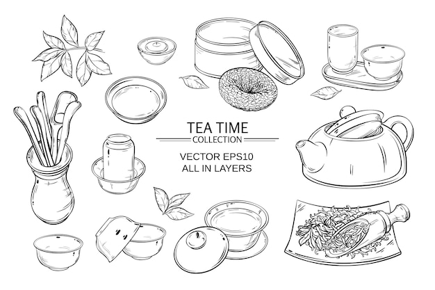 Conjunto de vectores de ceremonia del té sobre fondo blanco