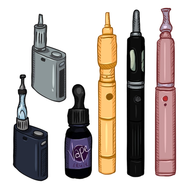 Vector conjunto de vectores de cigarrillos electrónicos de dispositivos de vape de dibujos animados