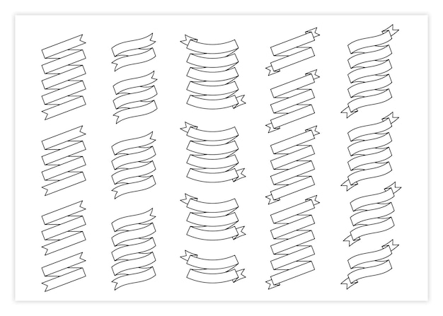 Conjunto de vectores de cinta de contorno de etiqueta en blanco ilustración línea negra cintas de forma curva banderas de desplazamiento o