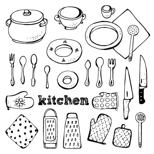 Vector conjunto de vectores de cocina colección de objetos relacionados con la cocina dibujados a mano