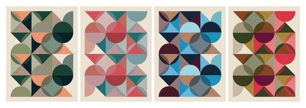 Conjunto de vectores de color de cuatro carteles con formas geométricas y fondos abstractos.