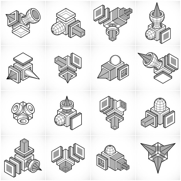 Conjunto de vectores de construcciones abstractas, colección de diseños dimensionales.