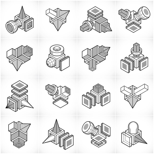 Conjunto de vectores de construcciones abstractas, colección de diseños dimensionales.