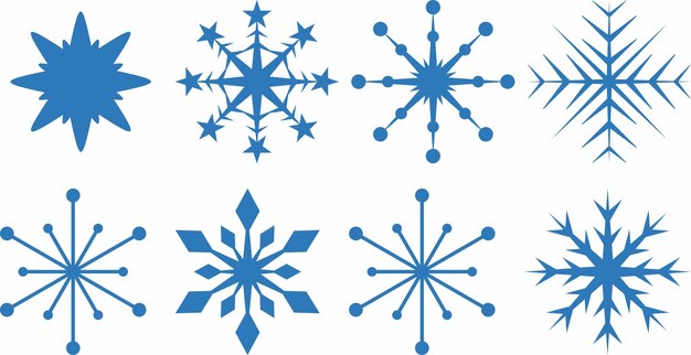 Conjunto de vectores de copos de nieve azules con diseños geométricos y simétricos con formas únicas de copo de nieve