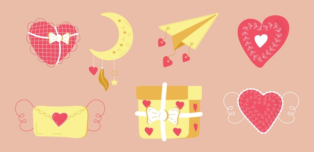 Conjunto de vectores de corazón de tela calada en estilo garabato Icono de papel rosa bohemio corazón de San Valentín