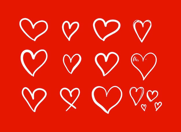 Conjunto de vectores de corazones dibujados a mano blanca sobre fondo rojo brillante Colección de símbolos de amor
