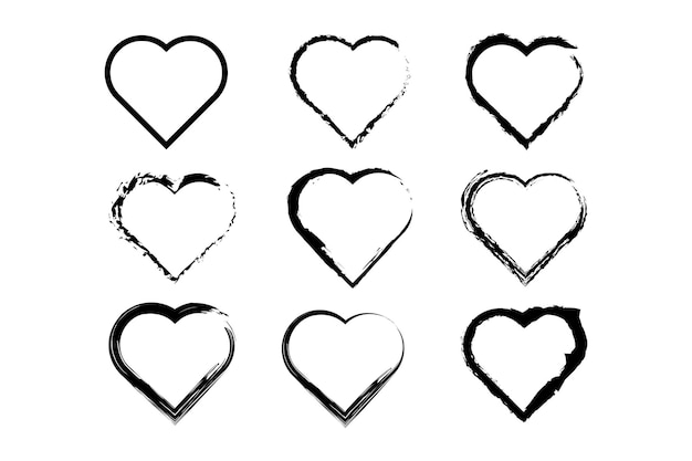 Conjunto de vectores de corazones de grunge icono de forma diferente trazo de pincel símbolo de signo de corazón aislado en