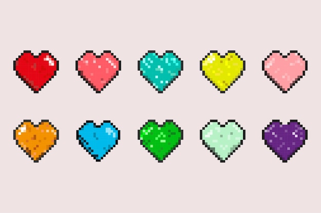 Conjunto de vectores de corazones de píxeles de diferentes colores