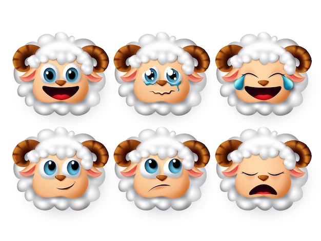 Vector conjunto de vectores de cordero emojis emoticon e ícono de cara de cabeza de ovejas y corderos con cabello blanco rizado