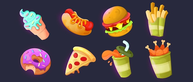 Conjunto de vectores para crear juegos móviles Iconos de comida para usar en el diseño de aplicaciones
