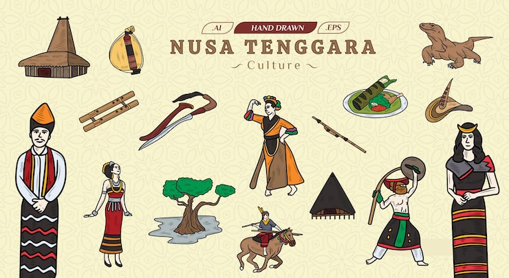 Conjunto de vectores de cultura Nusa Tenggara dibujados a mano