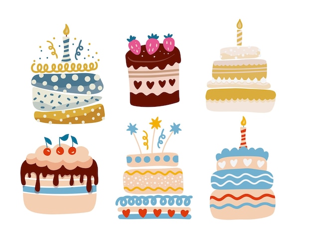 Conjunto de vectores de cupcakes de pastel de cumpleaños de vector simple de dibujos animados lindo. Pastel de crema de felices fiestas con velas
