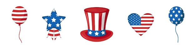 Conjunto de vectores para el Día de la Independencia Colección de la bandera estadounidense con sombrero de estrella del corazón de EE. UU. Y globos Celebración de EE. UU. Pegatinas del sombrero del tío Sam