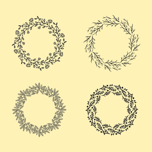 Conjunto de vectores dibujados a mano alrededor de coronas florales. elemento de diseño de marco de círculo floral