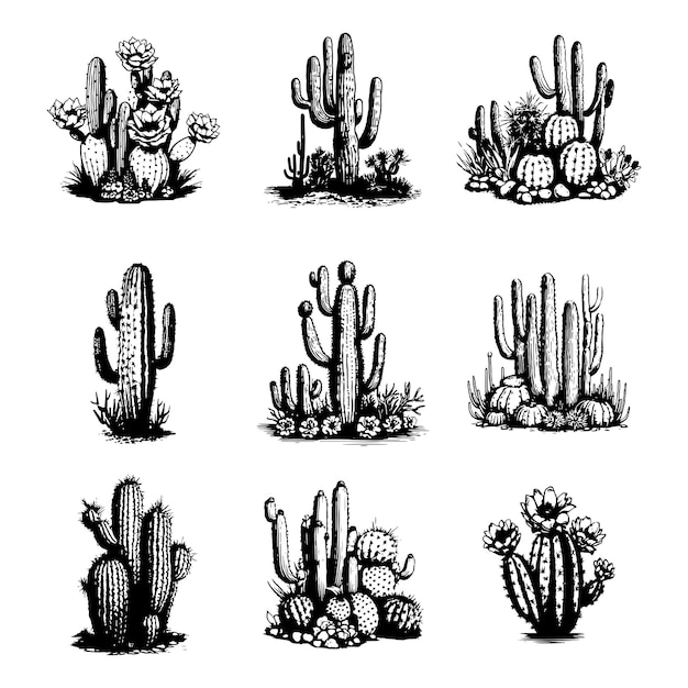 Conjunto de vectores dibujados a mano de cactus