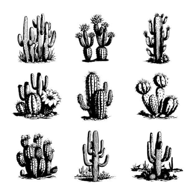 Conjunto de vectores dibujados a mano de cactus