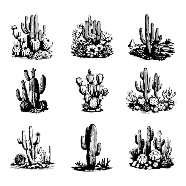 Conjunto de vectores dibujados a mano de cactus