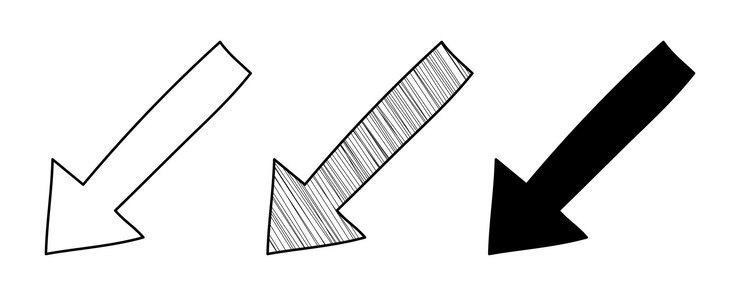 Vector conjunto de vectores dibujados a mano flecha abajo izquierda en un estilo de dibujos animados de garabatos