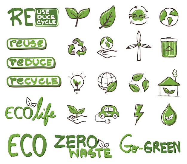 Vector conjunto de vectores dibujados a mano de iconos de medio ambiente