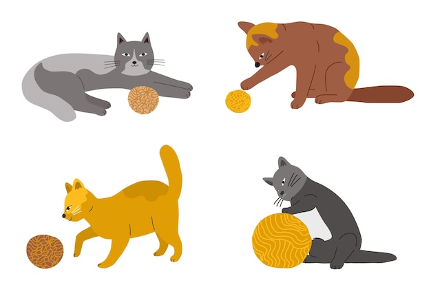 Vector conjunto de vectores dibujados a mano de lindos gatos planos de dibujos animados con una bola de hilo