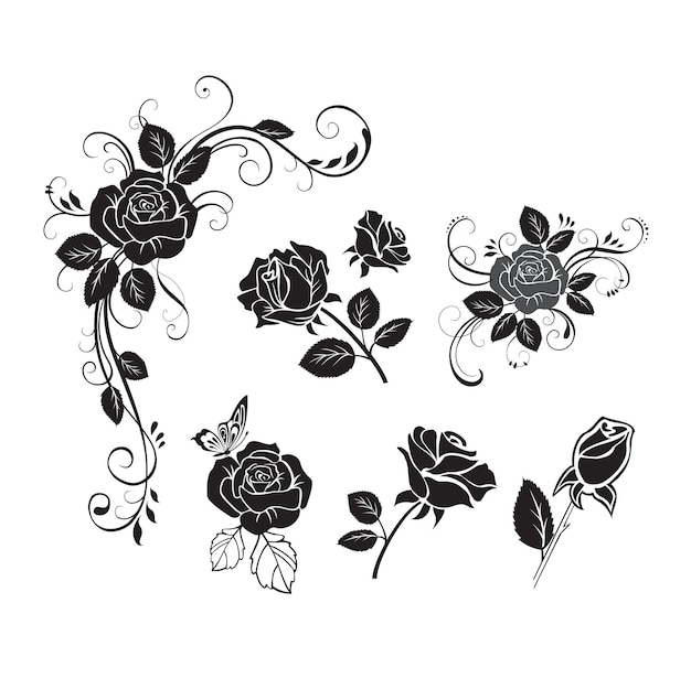 conjunto de vectores dibujados a mano de rosas negras ilustración vectorial de colección