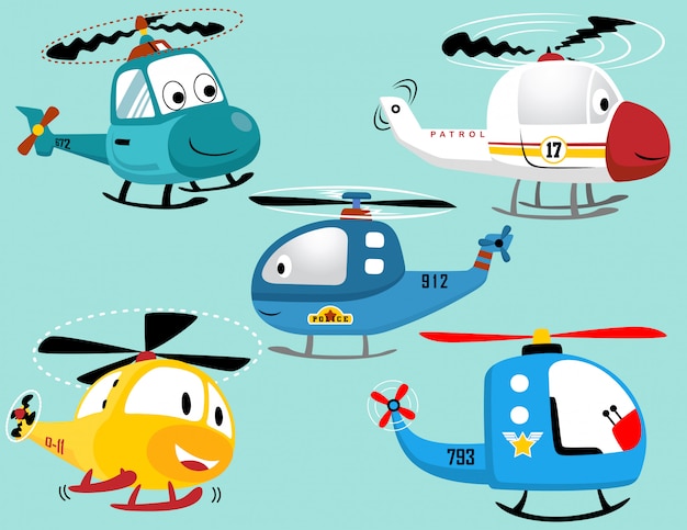 Vector conjunto de vectores de dibujos animados de helicópteros sonrientes