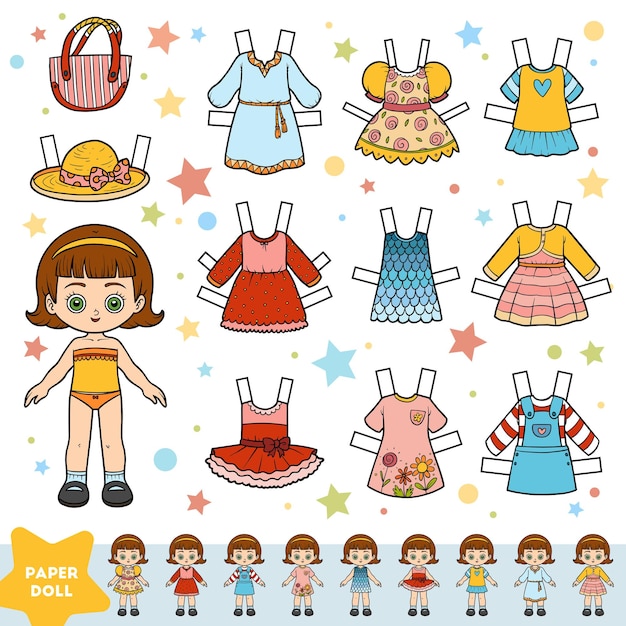Vector conjunto de vectores de dibujos animados linda muñeca de papel y conjunto de ropa de verano