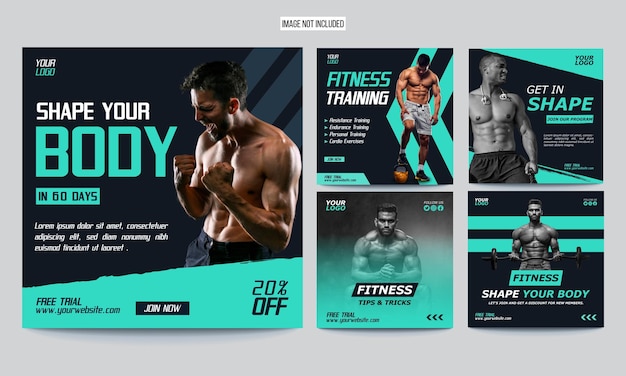 Conjunto de vectores de diseño de colección de plantillas de publicaciones en redes sociales de gimnasio y fitness