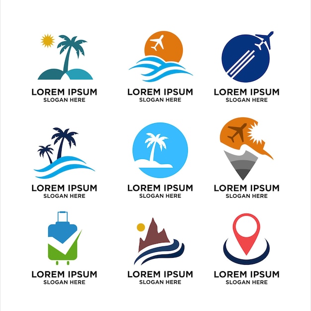 Conjunto de vectores de diseño de estilo plano de plantilla de símbolo de logotipo de viaje mundial