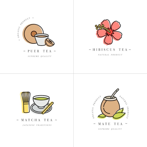 Conjunto de vectores de diseño de logotipo de plantillas de colores y emblemas - hierbas orgánicas y tés. Diferentes tés icon-puer, hibisco, mate y matcha. Logotipos en estilo lineal de moda aislado sobre fondo blanco.
