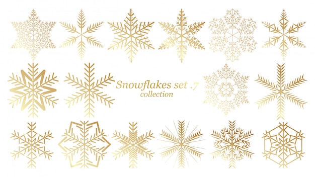 Conjunto de vectores diseño de Navidad de copos de nieve con color oro