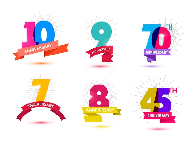 Conjunto de vectores de diseño de números de aniversario 10 9 70 7 8 45 composiciones de iconos con cintas